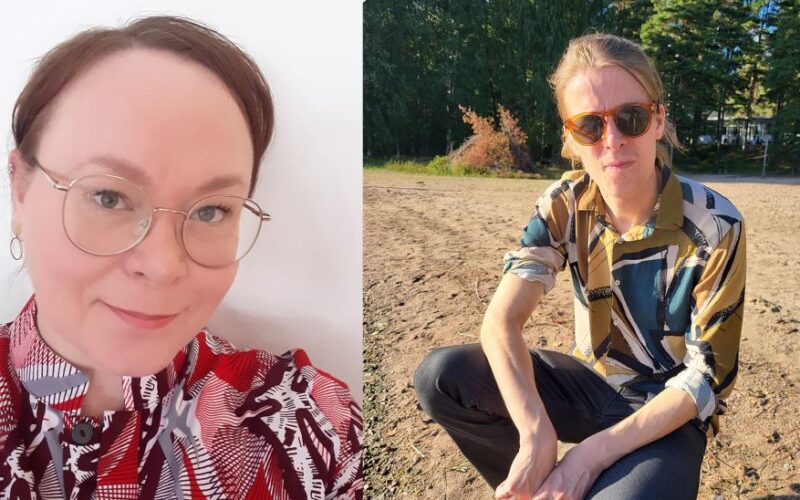 Foton av Katri och Olli tillsammans. Katri har glasögon och röd skjorta. Olli har solglasögon, och är på en solig strand.