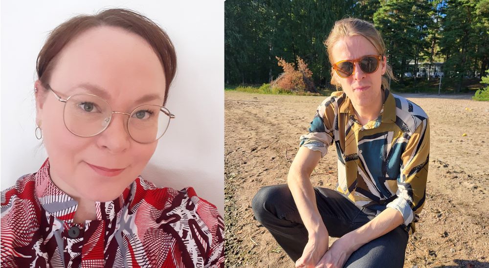 Foton av Katri och Olli tillsammans. Katri har glasögon och röd skjorta. Olli har solglasögon, och är på en solig strand.
